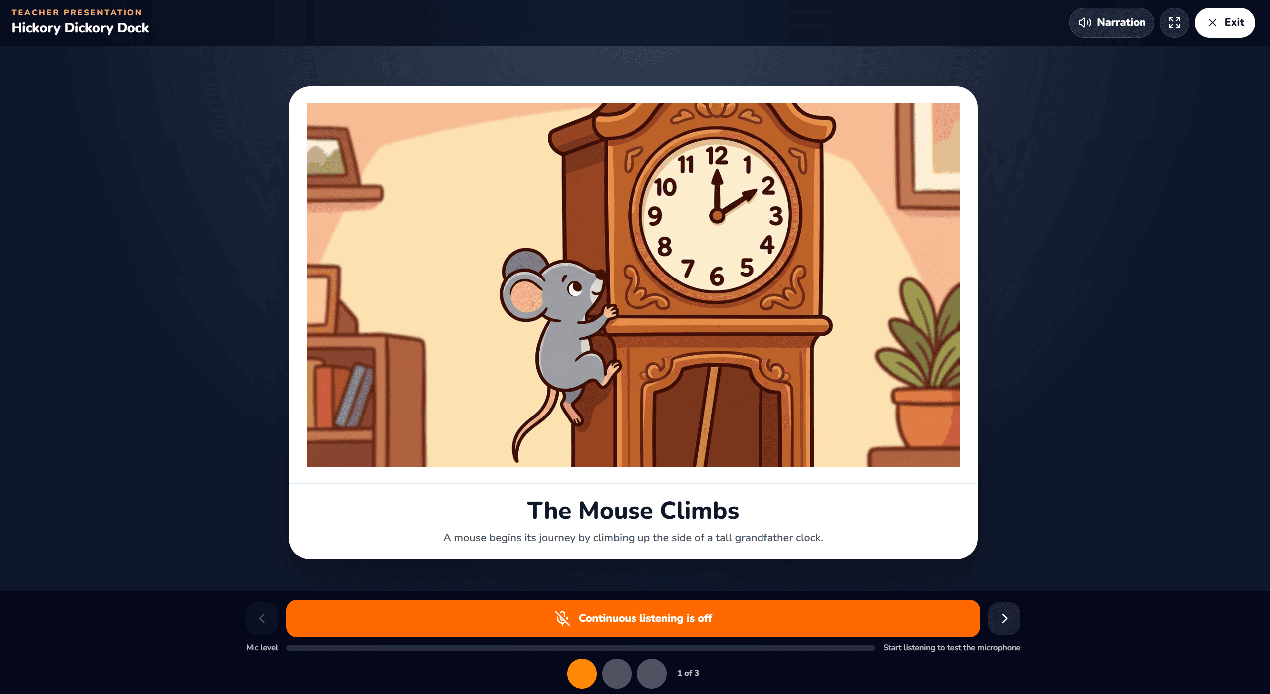 A mouse climbing a grandfather clock, displayed with a short sentence in PictureIt’s story presentation view.