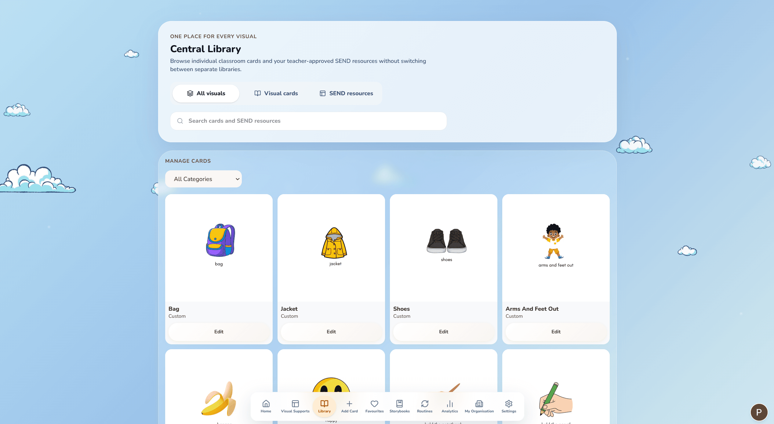 PictureIt library showing visual cards for a bag, jacket, shoes and classroom actions