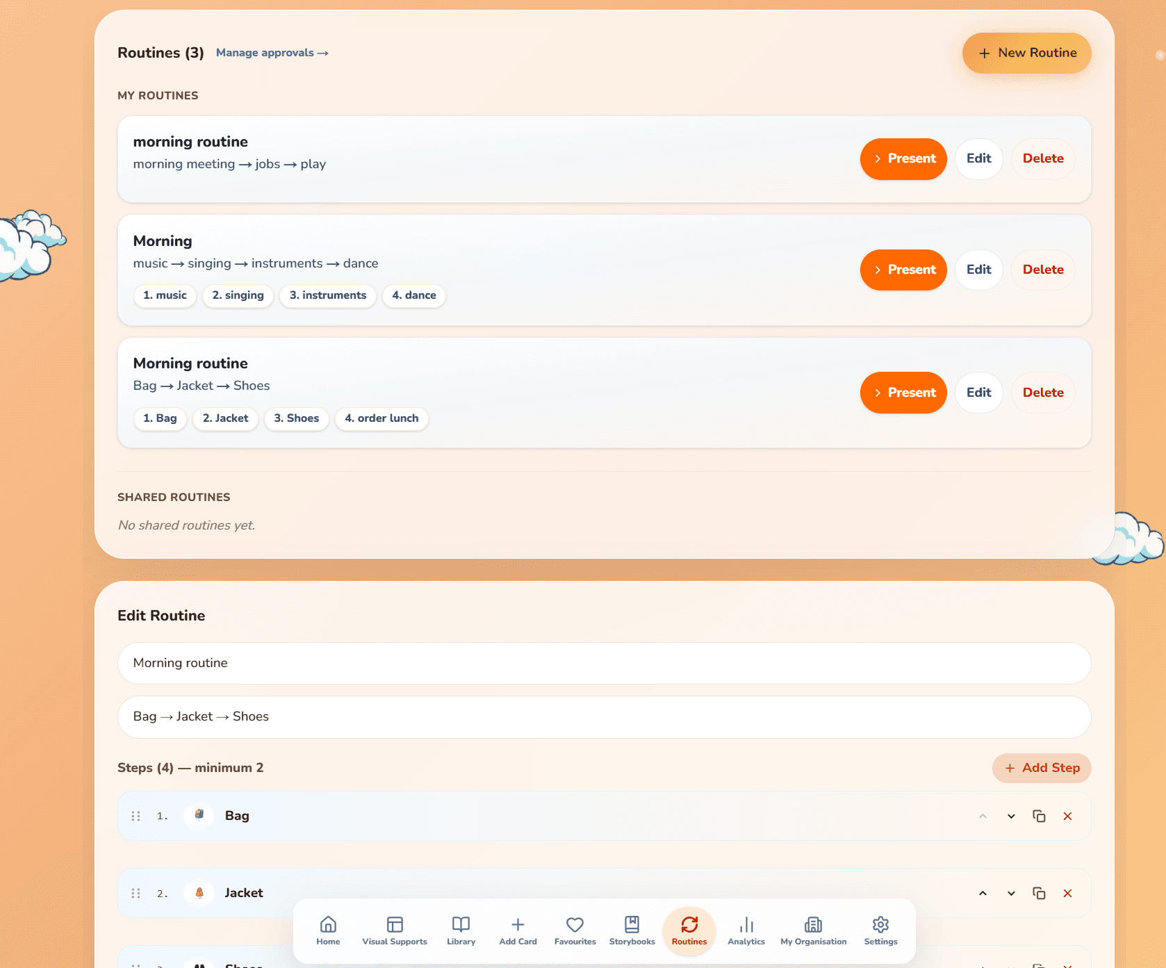 Saved morning routines and a routine editor with ordered steps for bag, jacket and shoes.