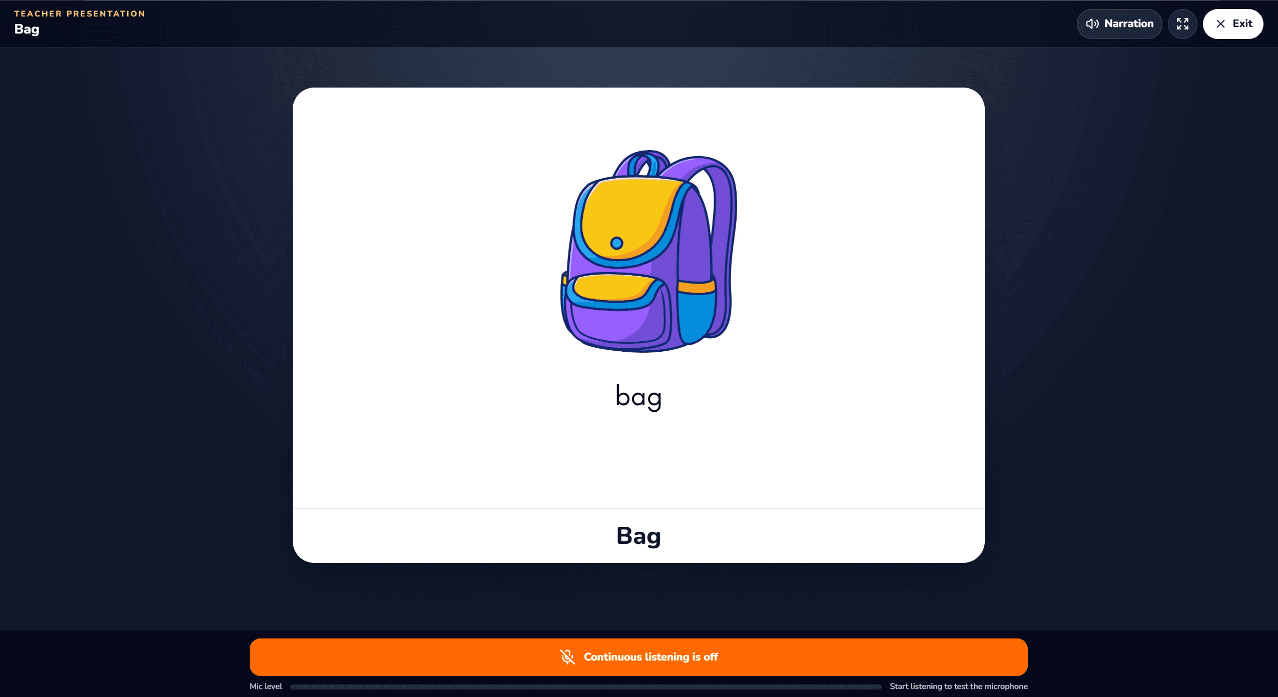A large illustrated school bag and its label in PictureIt’s classroom presentation view.