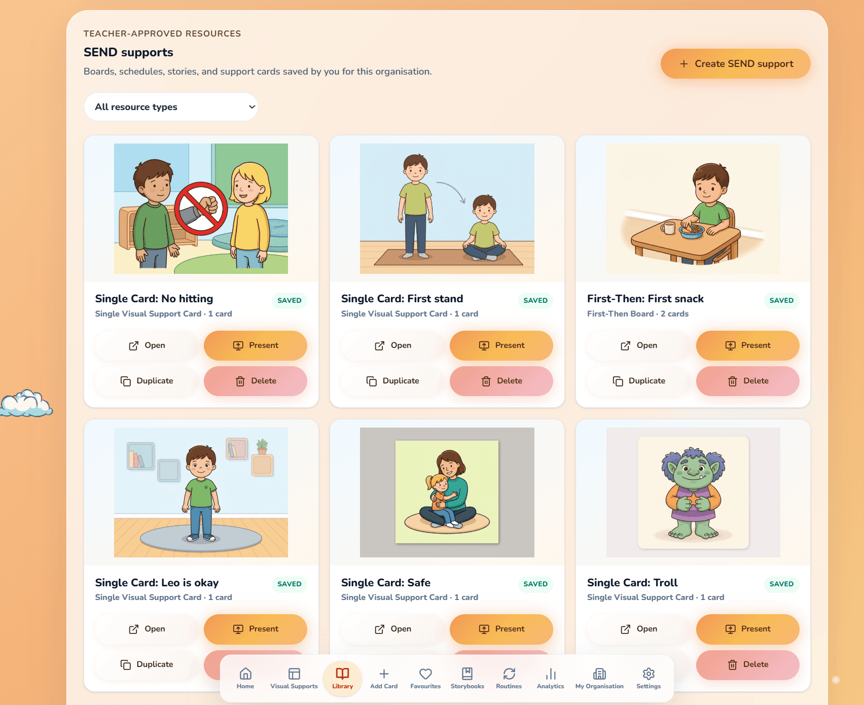 PictureIt SEND library containing illustrated support cards and a First–Then board.